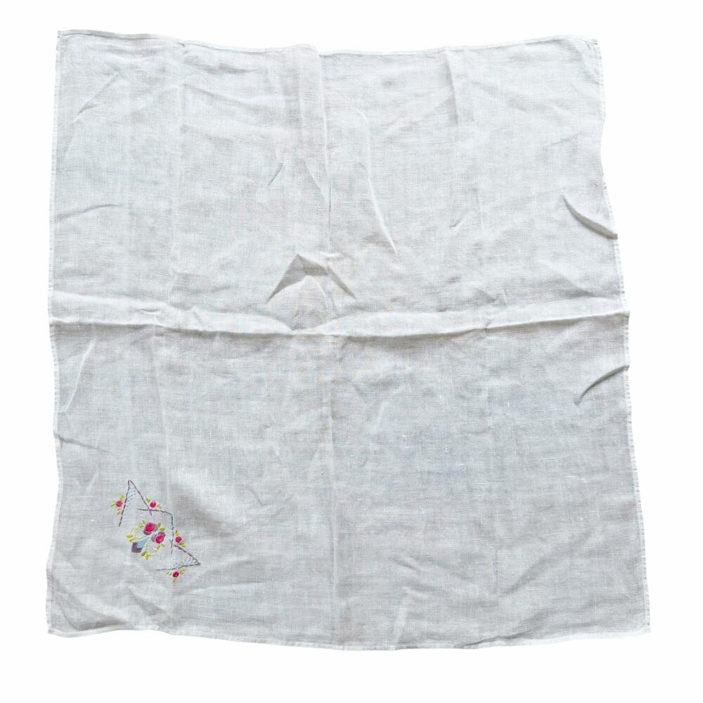 Vintage Embroidered Linen Card Tablecloth Square Floral 30"x32"
